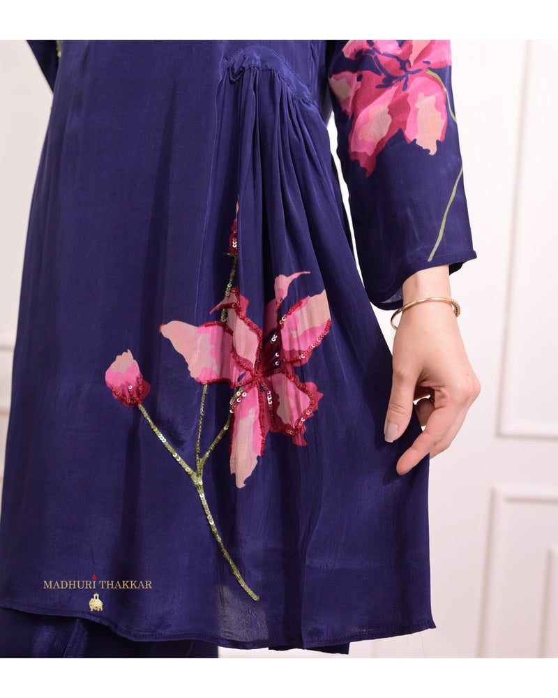 Navy Blue Floral Handwork Muslin Crepe Co-ord