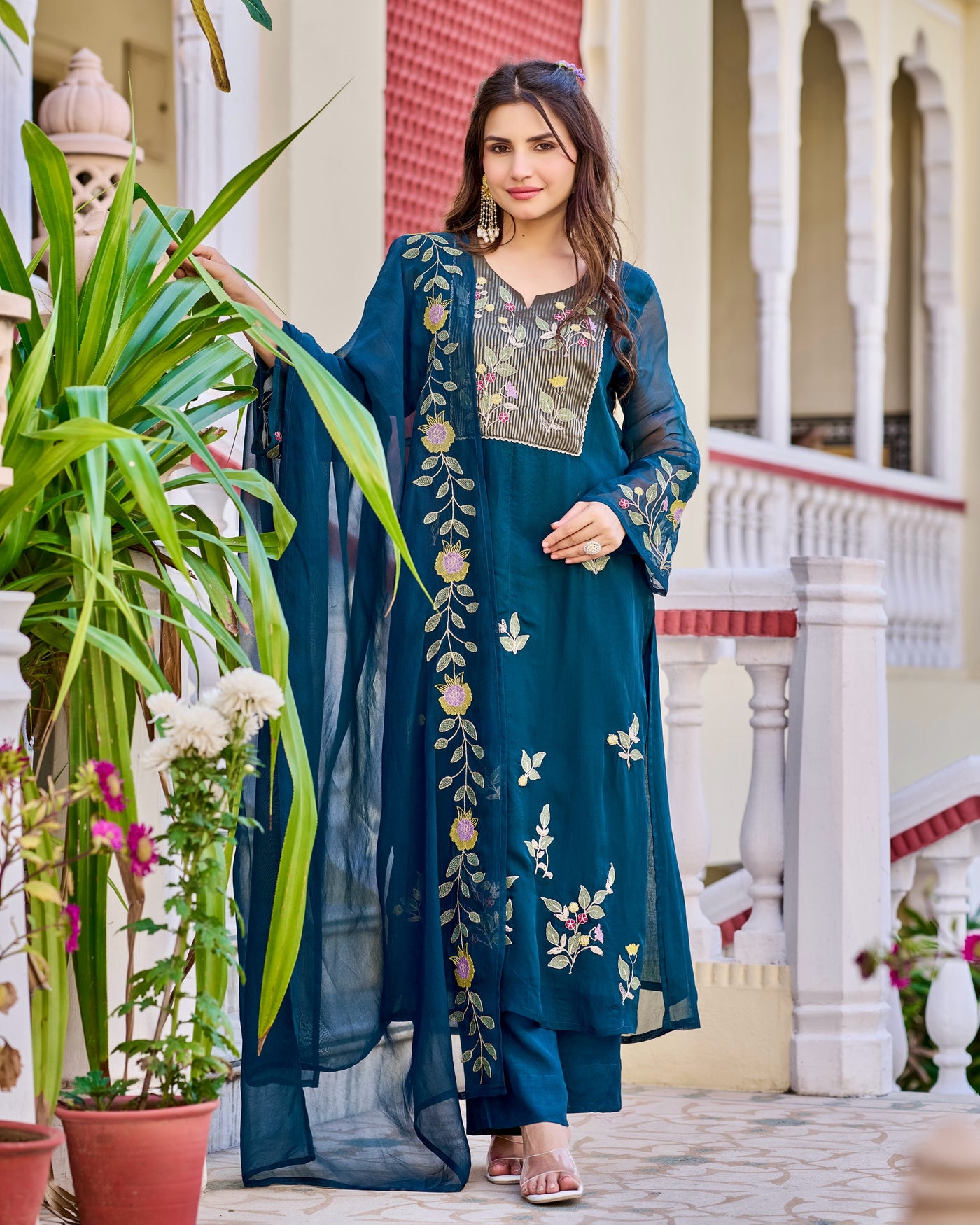 Teal Gulbahar Handwork Organza Suit