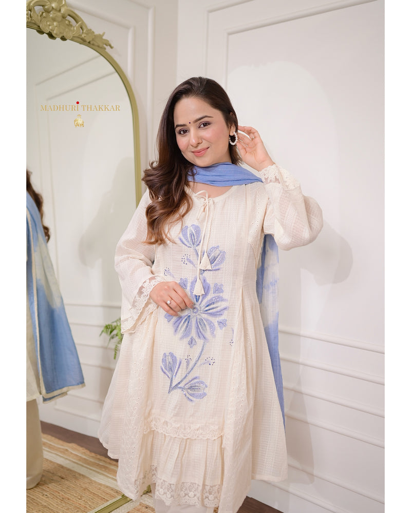 Ivory Blue A Line Handwork Pakistani Suit