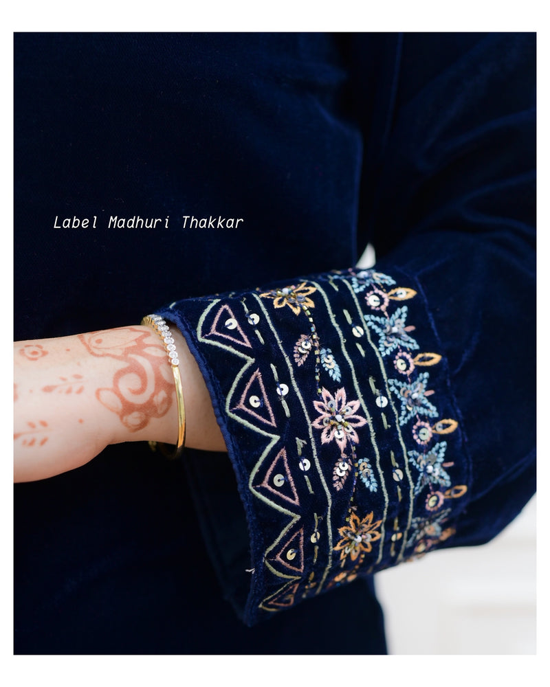 Navy Blue Threadwork Velvet Suit