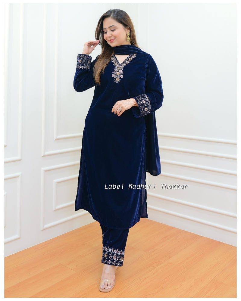 Navy Blue Threadwork Velvet Suit