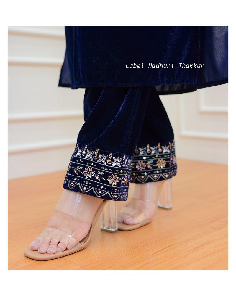 Navy Blue Threadwork Velvet Suit