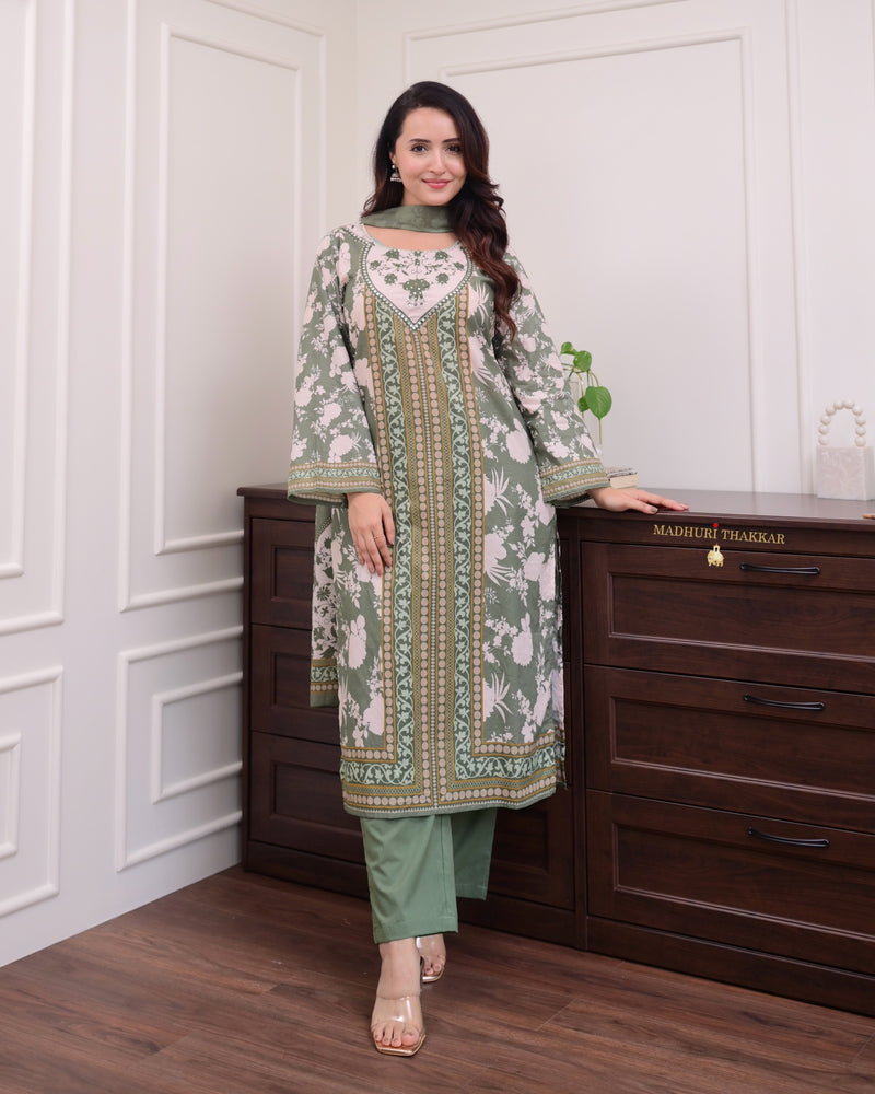 Bottle Green Handwork Cotton Suit