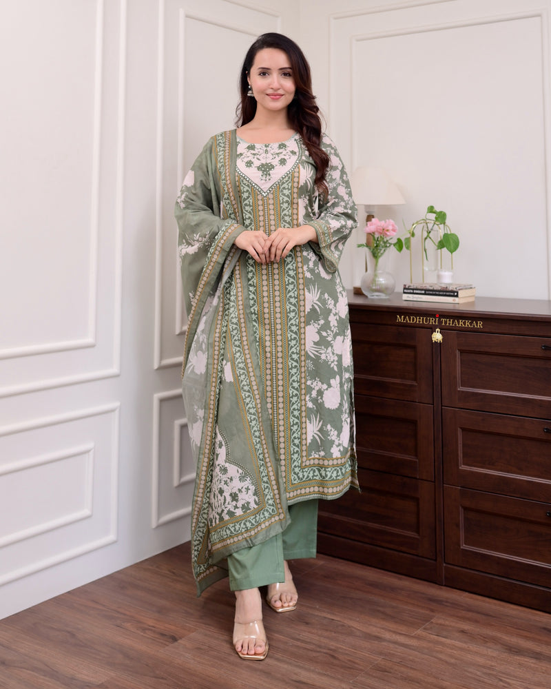 Bottle Green Handwork Cotton Suit