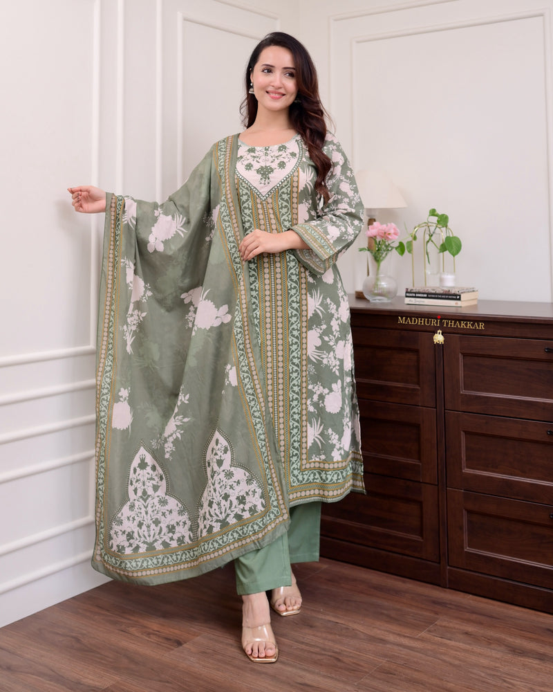 Bottle Green Handwork Cotton Suit