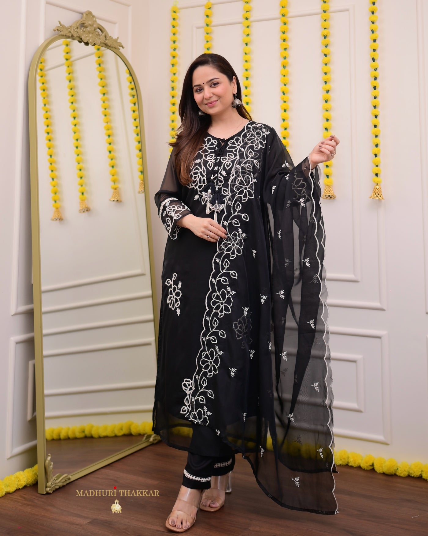 Black Threadwork Organza Festive Suit