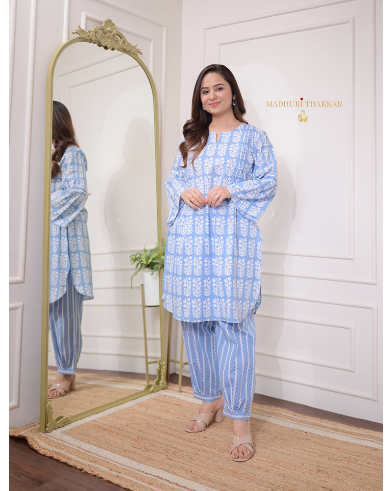Blue Floral Pintex Cotton Co-ord