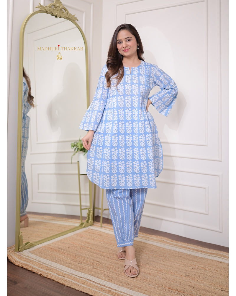Blue Floral Pintex Cotton Co-ord