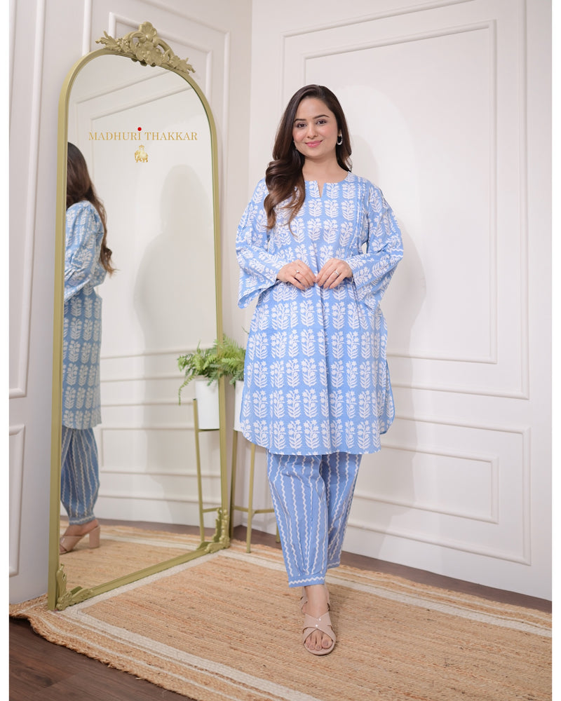 Blue Floral Pintex Cotton Co-ord