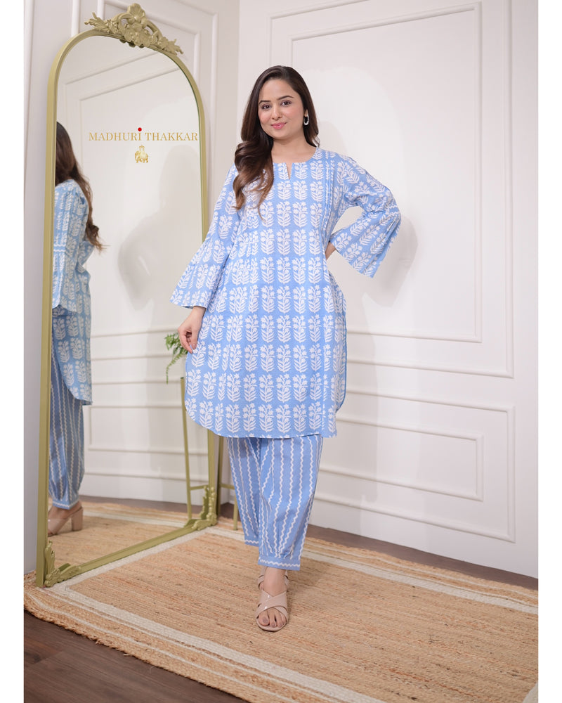 Blue Floral Pintex Cotton Co-ord