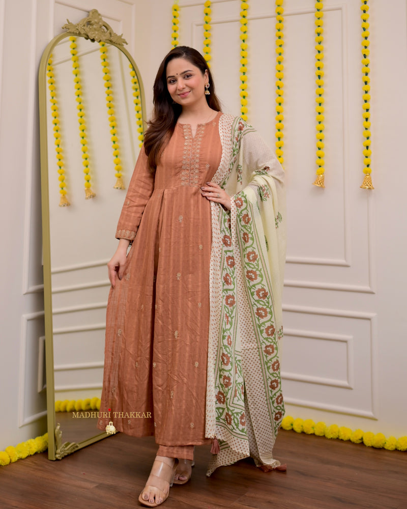 Brown A Line Cotton Festive Suit