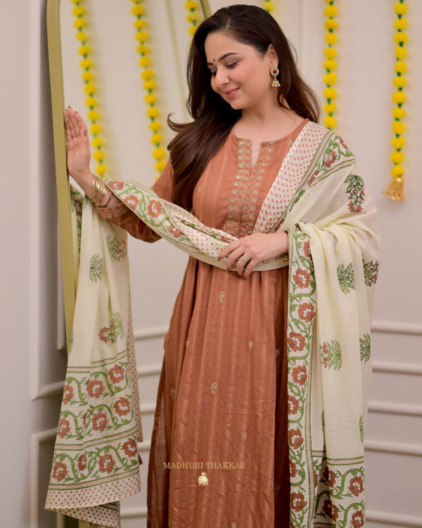 Brown A Line Cotton Festive Suit
