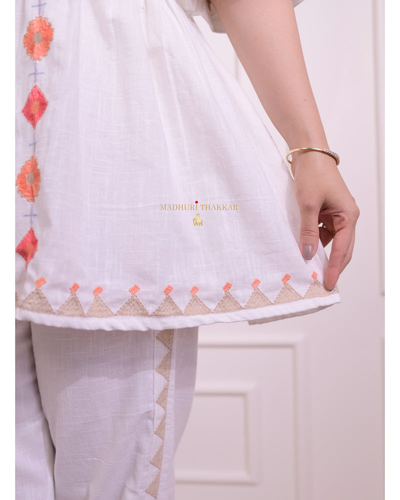 White Threadwork Cotton Co-ord