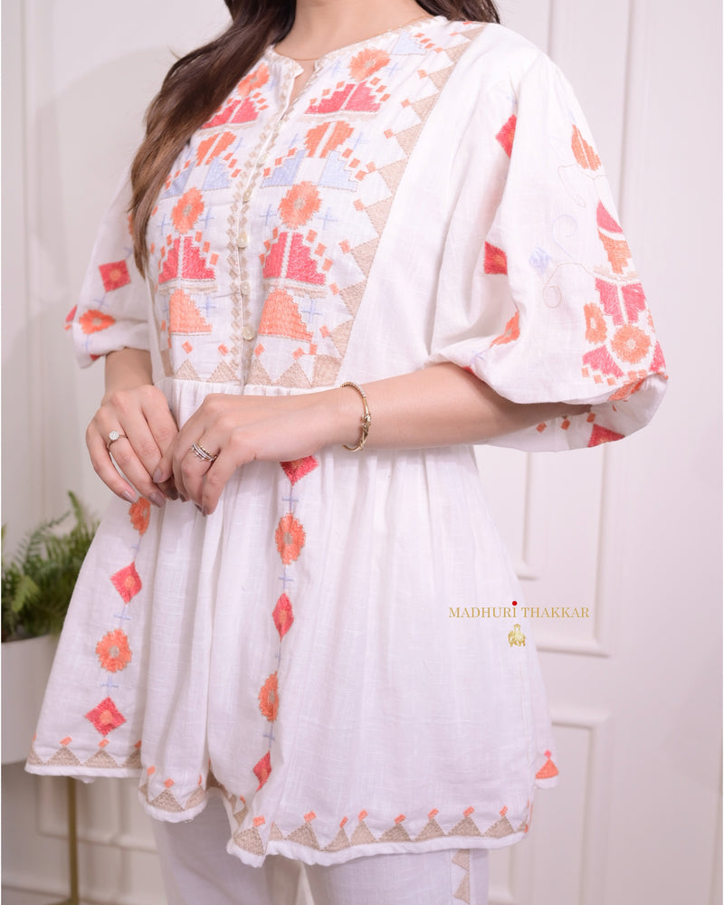 White Threadwork Cotton Co-ord