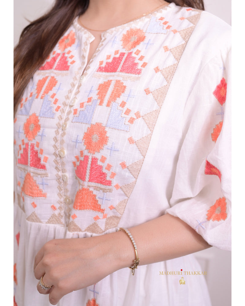 White Threadwork Cotton Co-ord