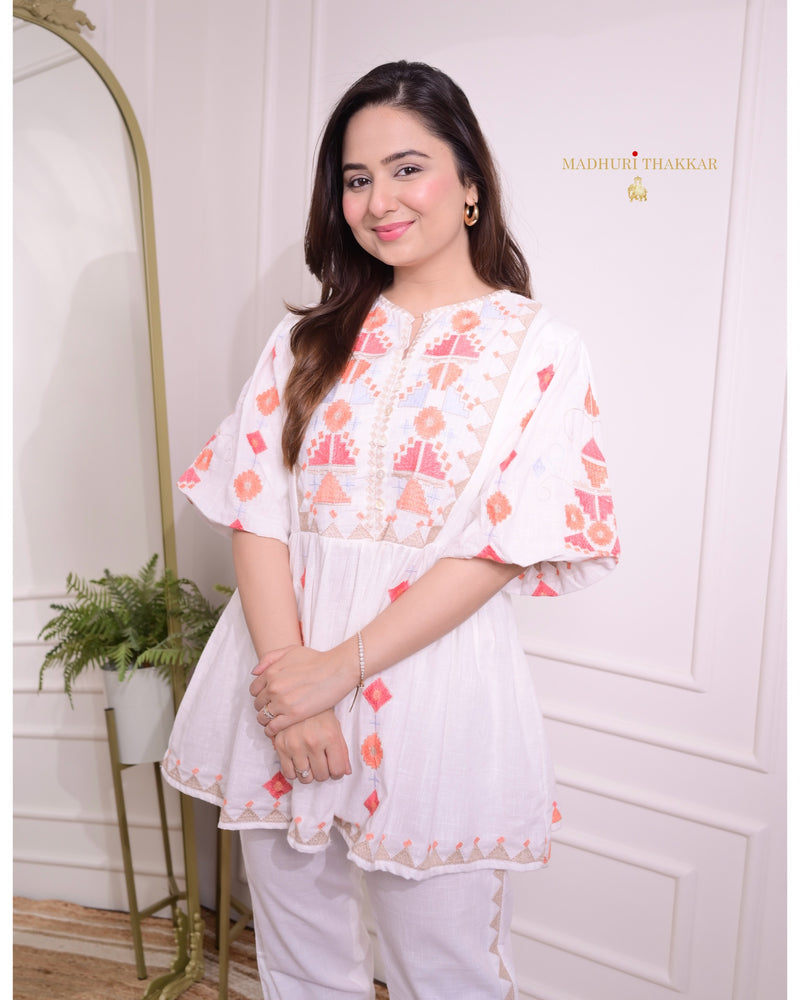 White Threadwork Cotton Co-ord