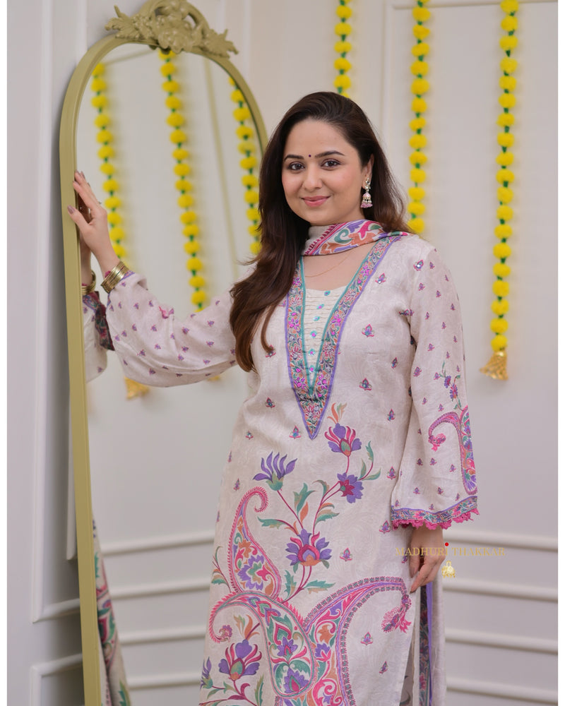 Ivory Purple Printed Tulip Muslin Suit