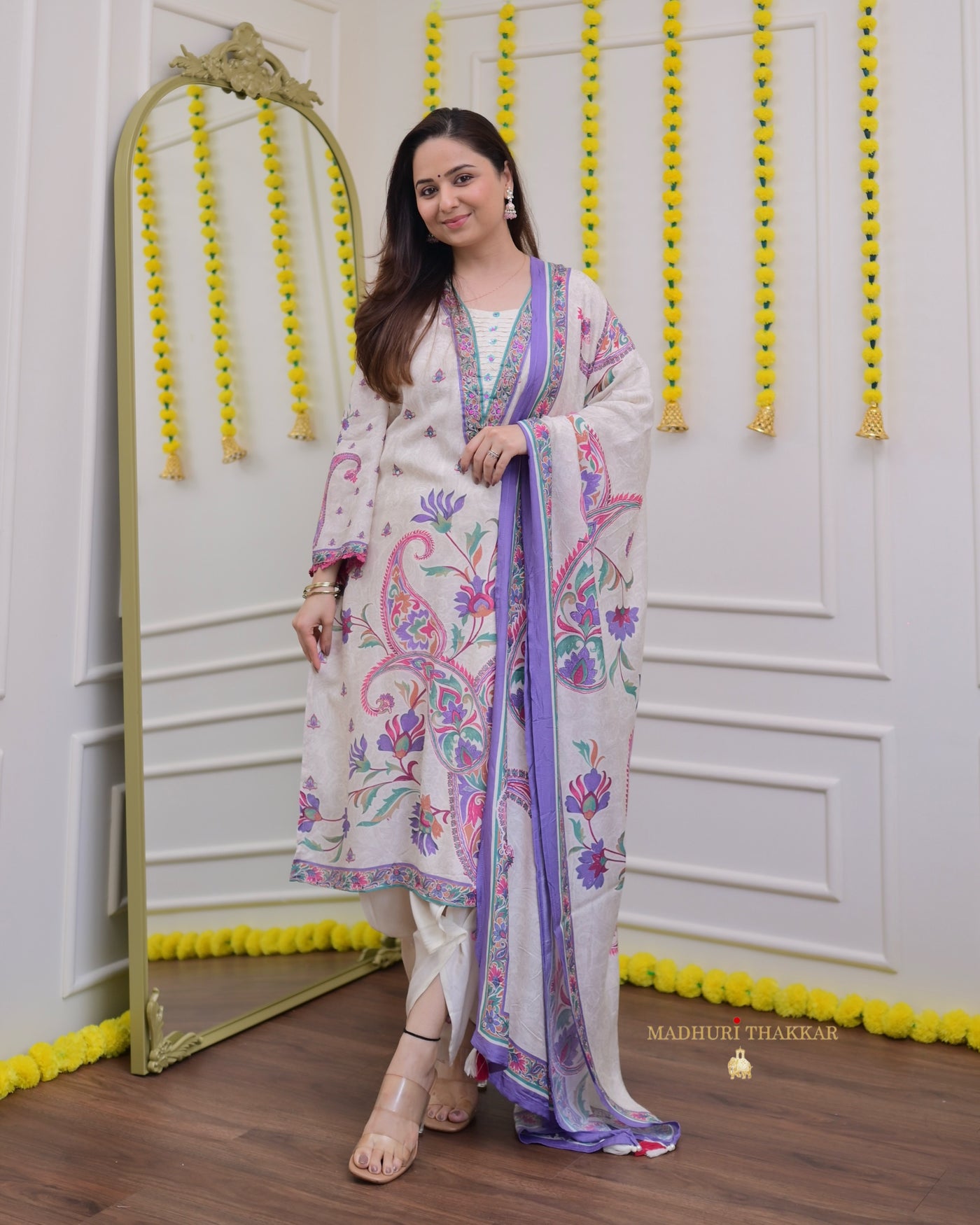 Ivory Purple Printed Tulip Muslin Suit