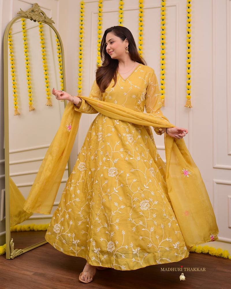 Mustard Yellow Organza Threadwork Anarkali
