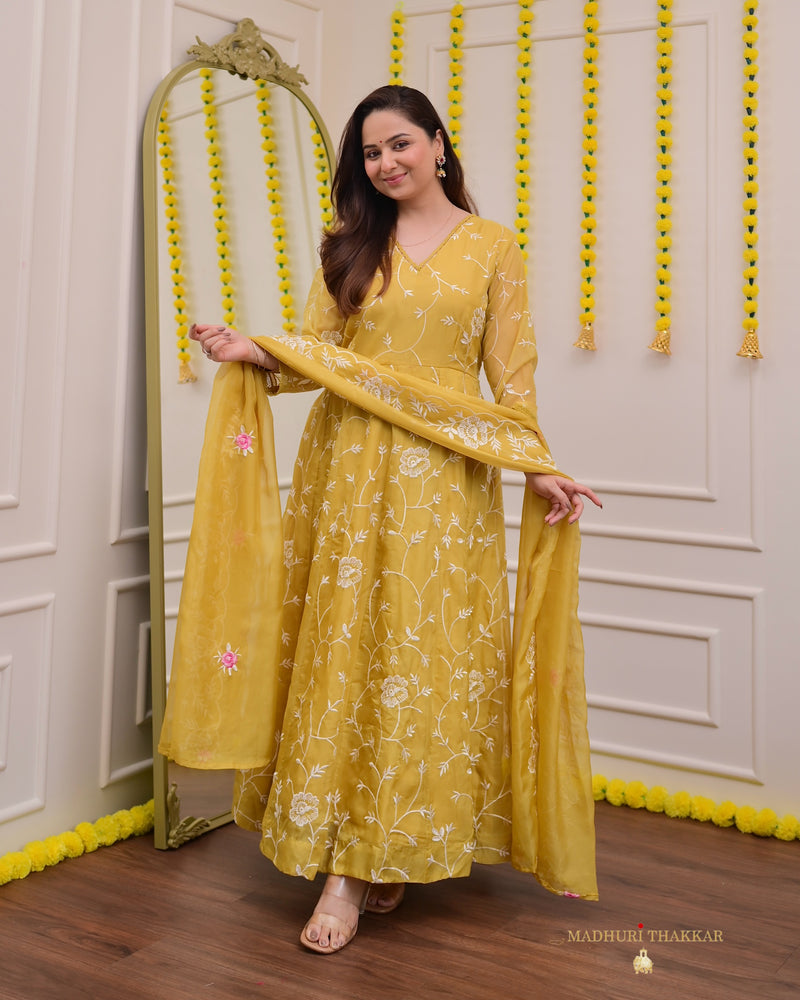 Mustard Yellow Organza Threadwork Anarkali