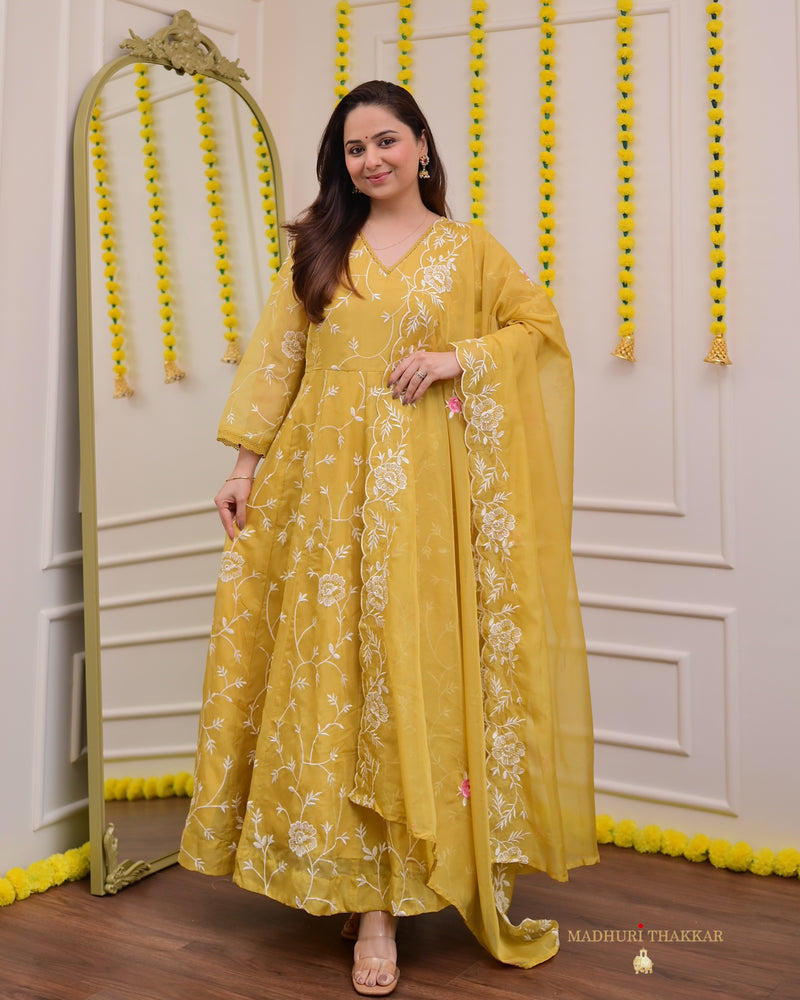 Mustard Yellow Organza Threadwork Anarkali