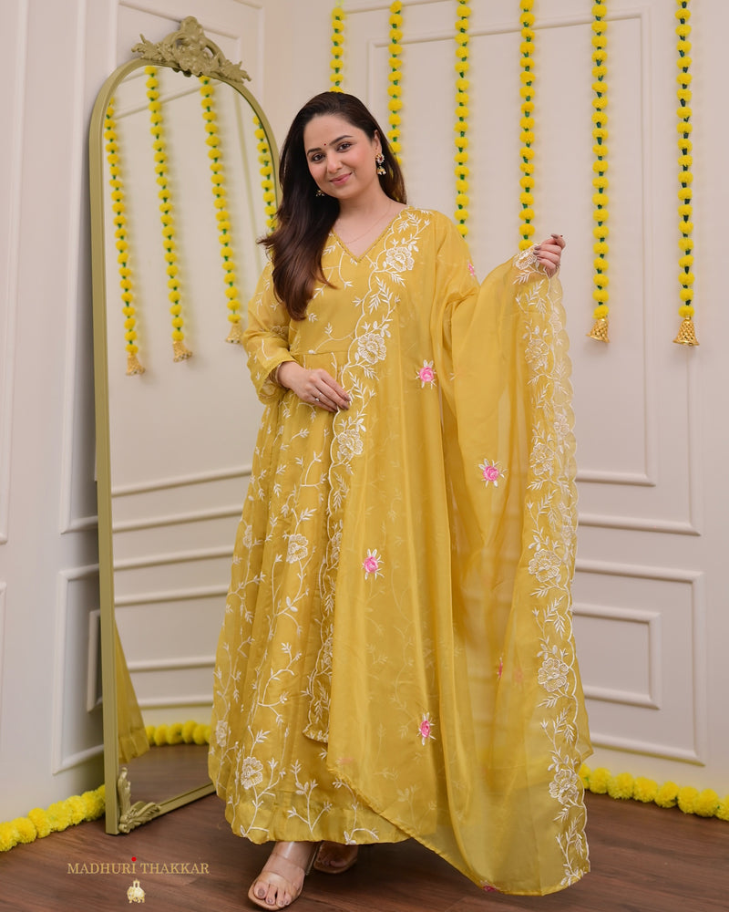 Mustard Yellow Organza Threadwork Anarkali