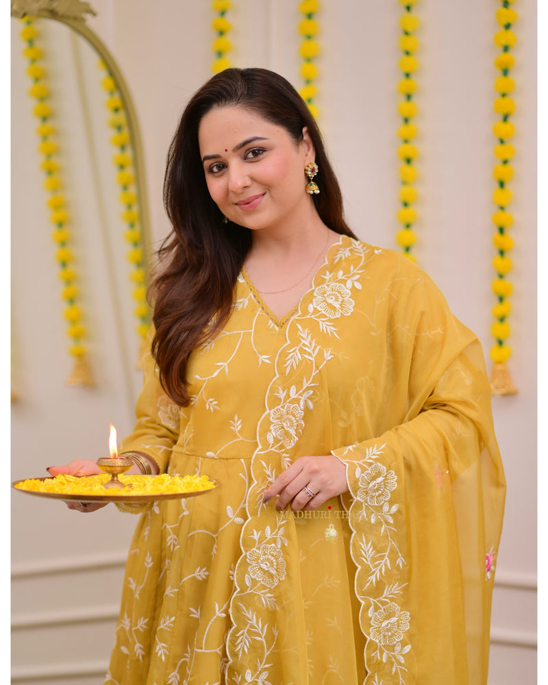 Mustard Yellow Organza Threadwork Anarkali
