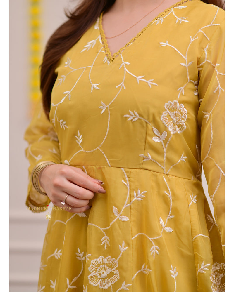 Mustard Yellow Organza Threadwork Anarkali