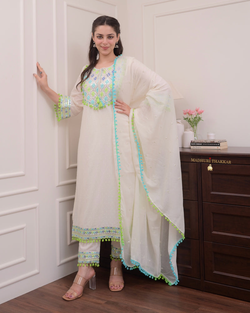 Ivory Blue Handwork Festive Suit