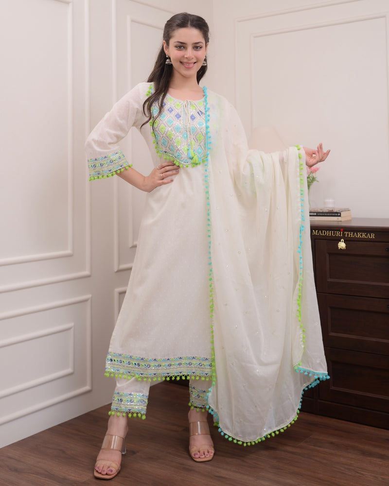 Ivory Blue Handwork Festive Suit