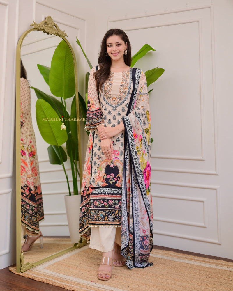 Ivory Handwork Patchprint A Line Crepe Suit