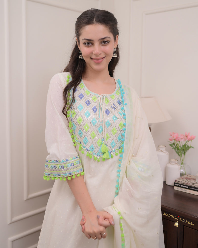 Ivory Blue Handwork Festive Suit