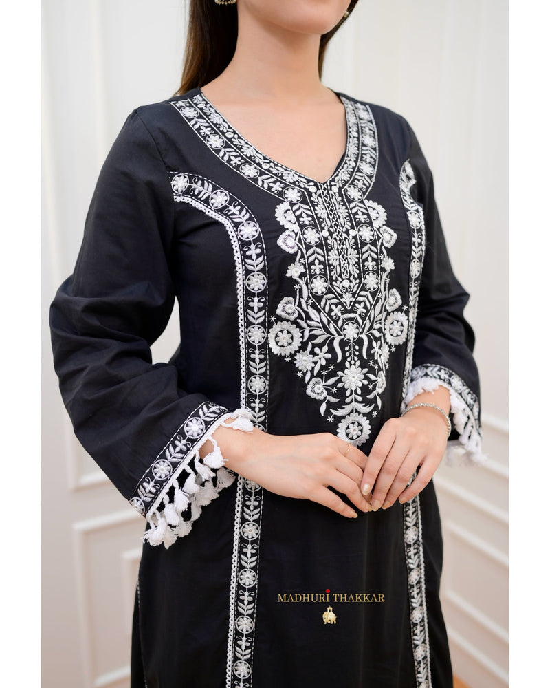 Black Aline Tassels Embroidered Afghani Suit