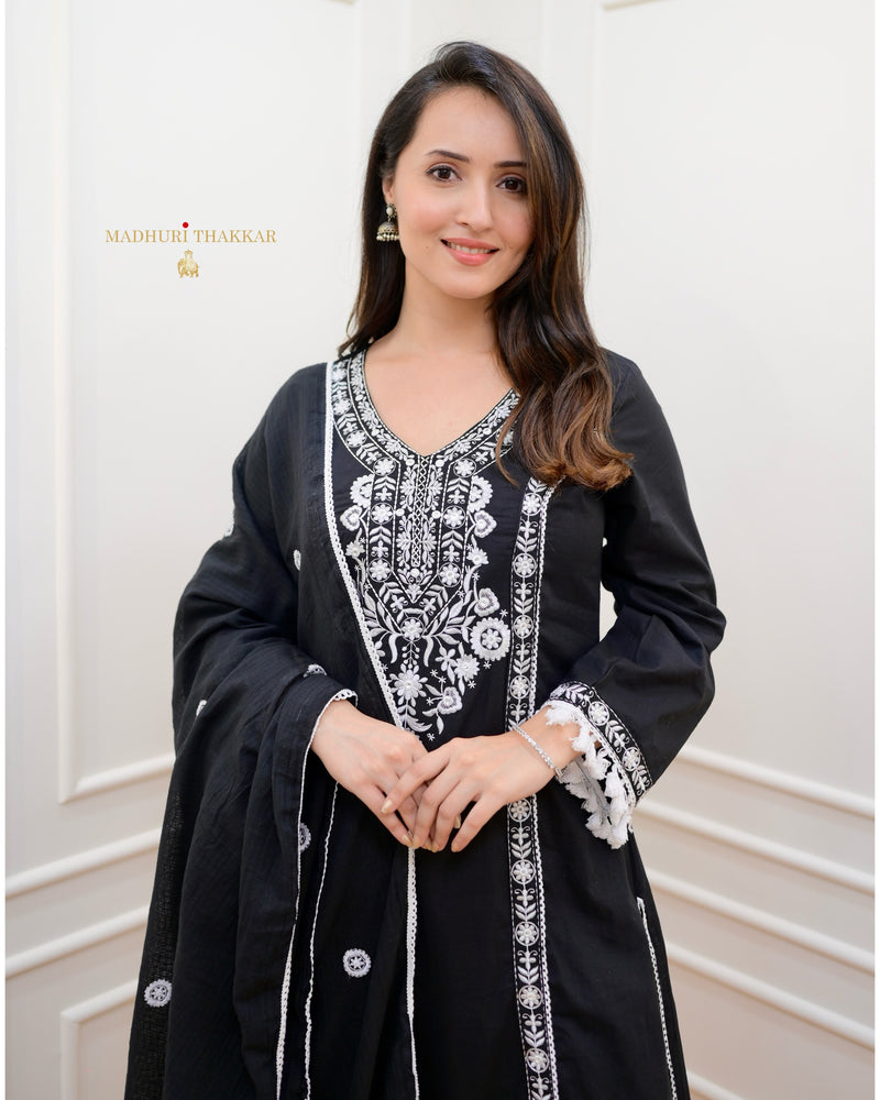 Black Aline Tassels Embroidered Afghani Suit