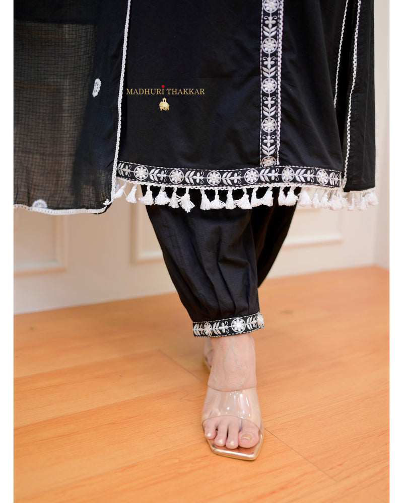 Black Aline Tassels Embroidered Afghani Suit