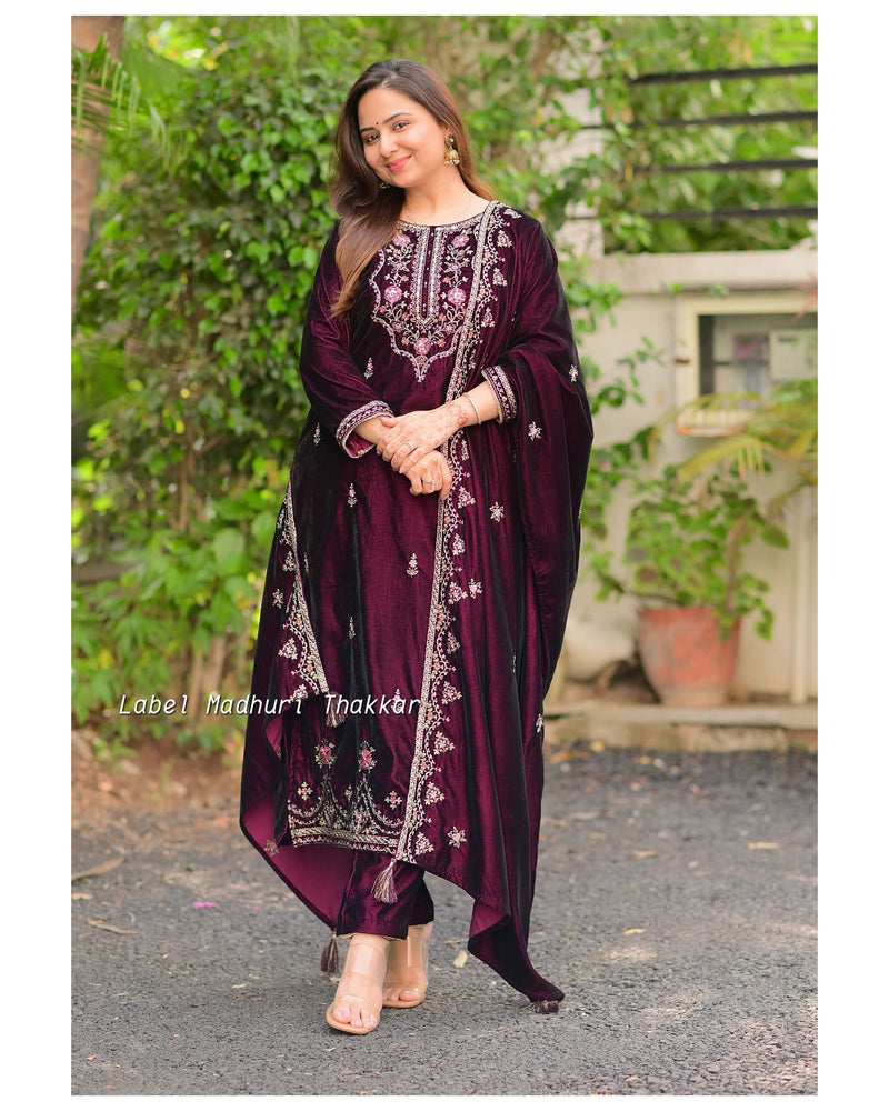 Wine Handwork Velvet Suit