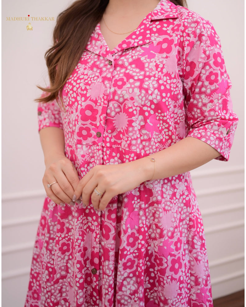 Rani Pink Floral Cotton A Line Dress