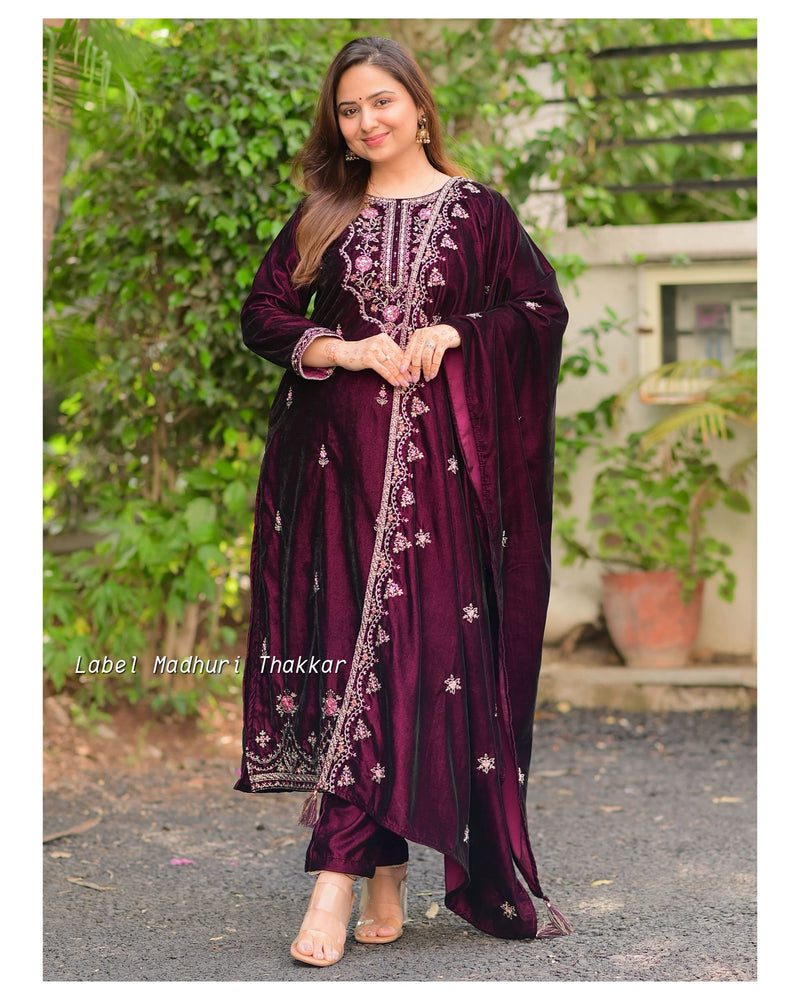Wine Handwork Velvet Suit