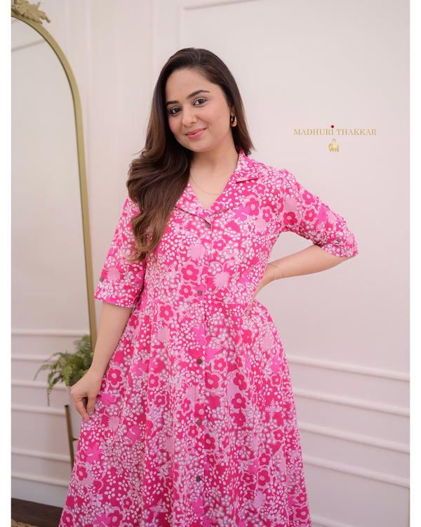 Rani Pink Floral Cotton A Line Dress