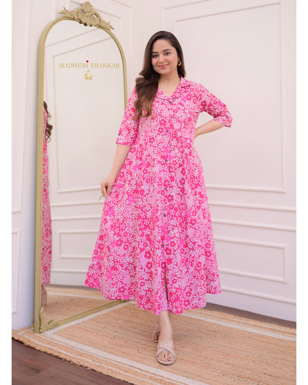 Rani Pink Floral Cotton A Line Dress