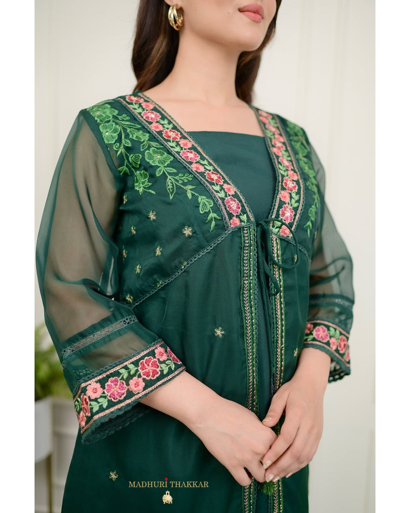 Bottle Green Embroidered Cape A Line Organza Set