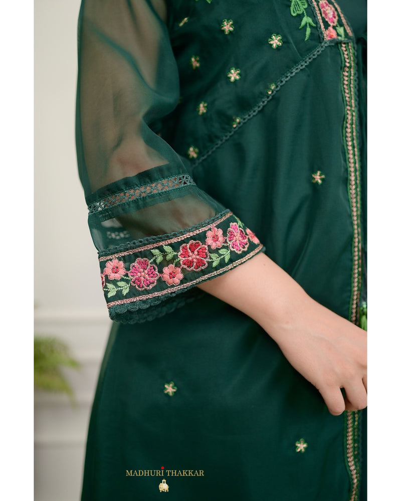 Bottle Green Embroidered Cape A Line Organza Set