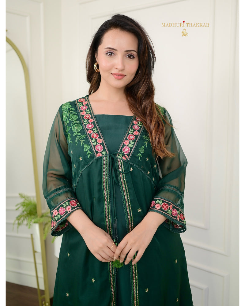 Bottle Green Embroidered Cape A Line Organza Set