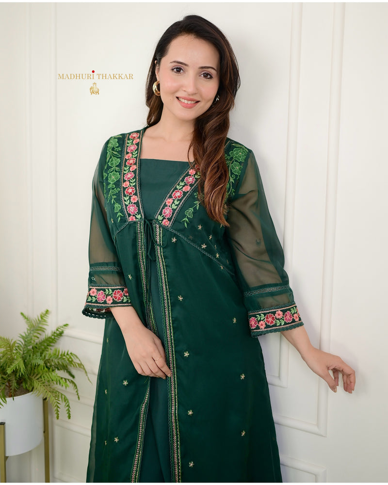 Bottle Green Embroidered Cape A Line Organza Set