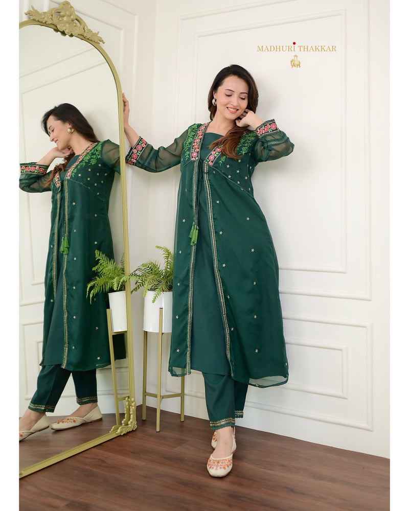 Bottle Green Embroidered Cape A Line Organza Set