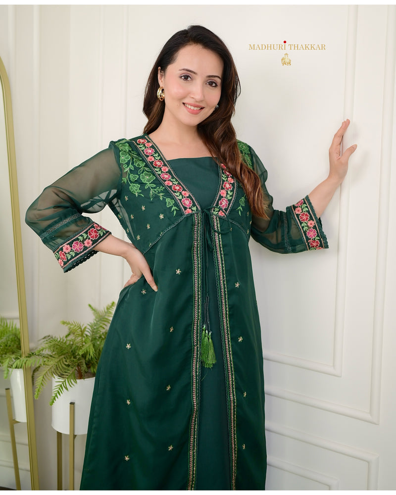 Bottle Green Embroidered Cape A Line Organza Set