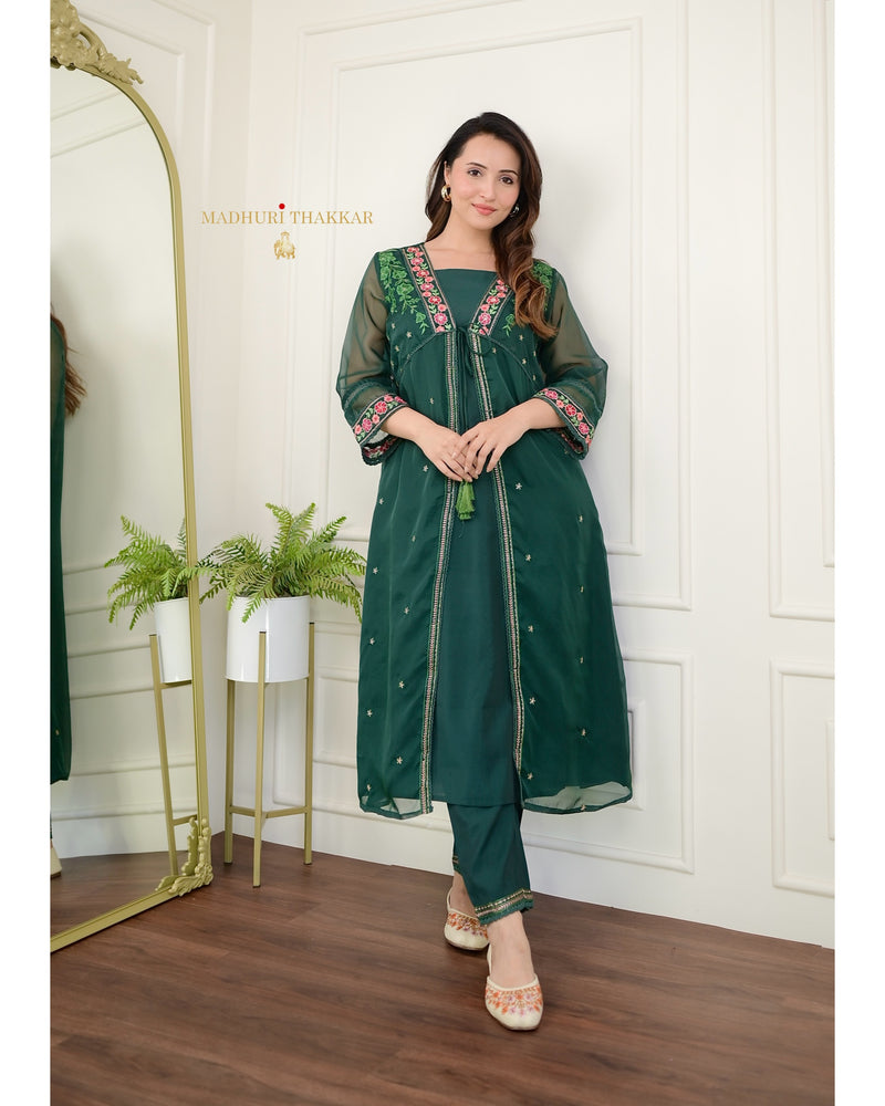 Bottle Green Embroidered Cape A Line Organza Set