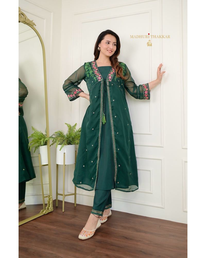 Bottle Green Embroidered Cape A Line Organza Set