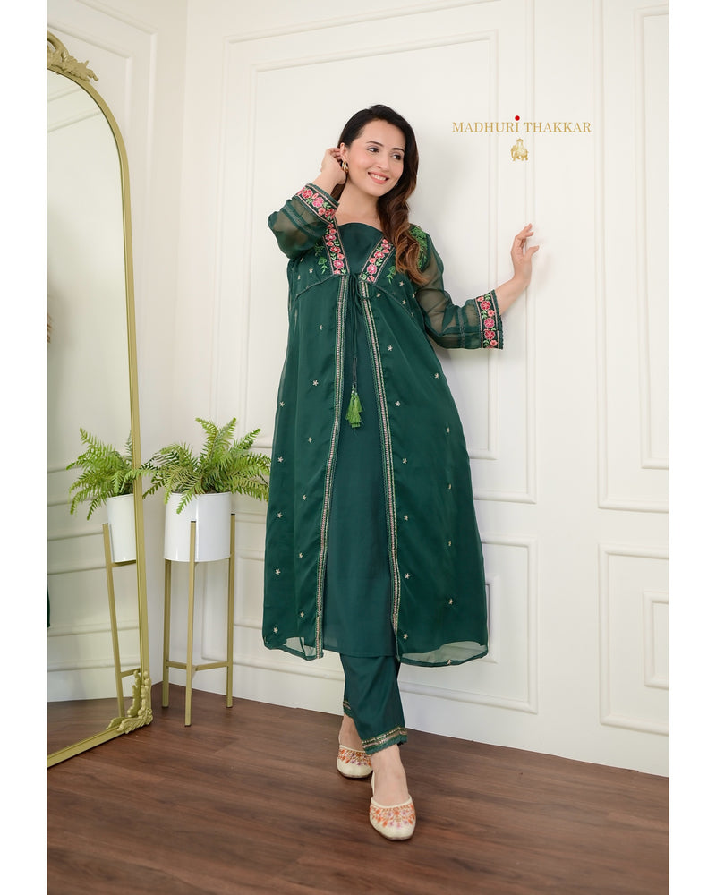 Bottle Green Embroidered Cape A Line Organza Set