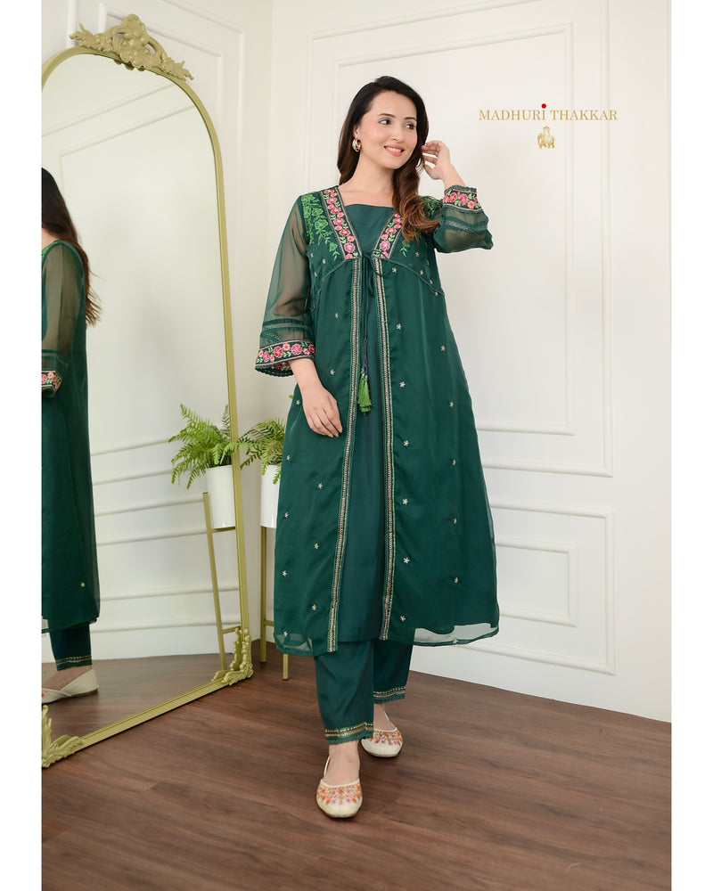 Bottle Green Embroidered Cape A Line Organza Set